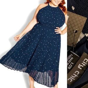 $129 NEW L 20 CITY CHIC Navy Blue flowy polka dot DRESS LARGE NWT